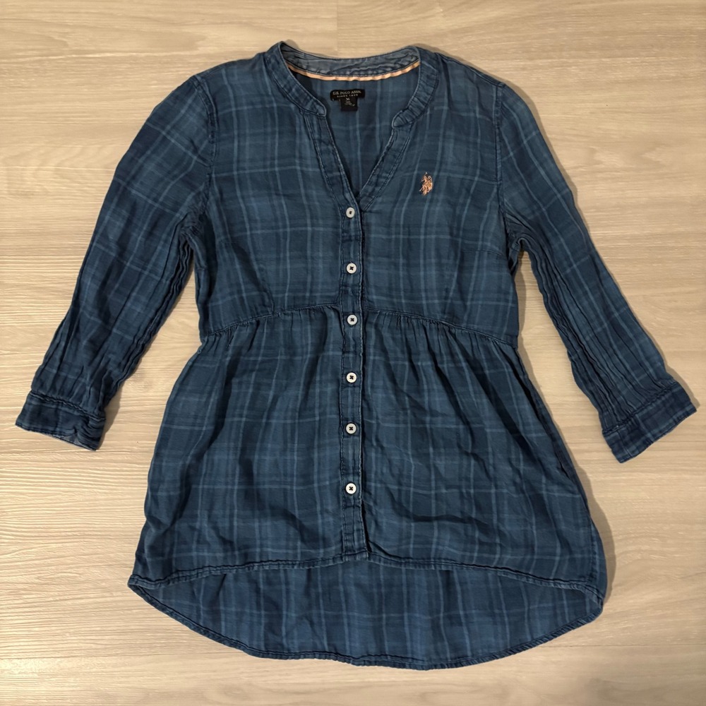 U.S. Polo Assn. Plaid Tunic Shirt Women Blue Button Down Long Sleeve Size Medium